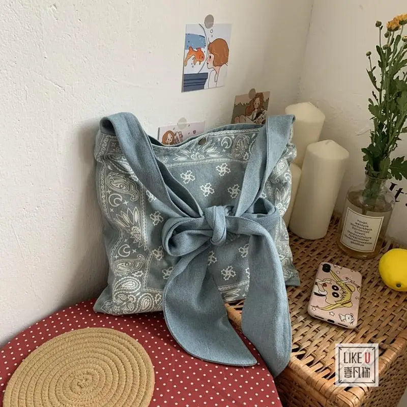 Vintage Bow Designs Denim Shoulder Bag Retro Handbag