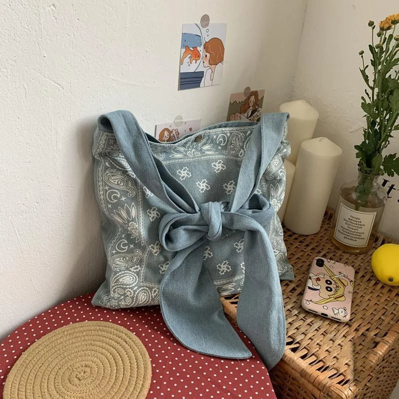 Vintage Bow Designs Denim Shoulder Bag Retro Handbag