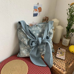 Vintage Bow Designs Denim Shoulder Bag Retro Handbag