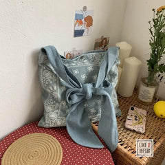 Vintage Bow Designs Denim Shoulder Bag Retro Handbag