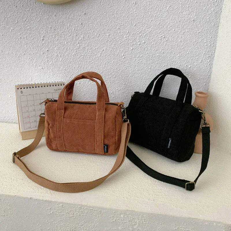 Retro Corduroy Tote Bag Women Crossbody Shoulder Shopper Travel Phone Pouch