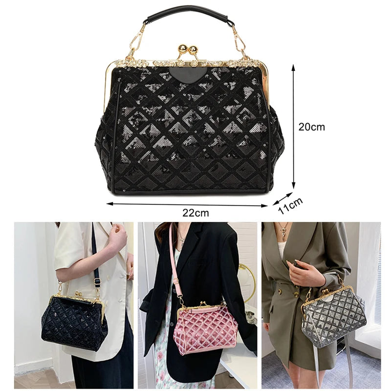 Women Diamond Lattice Sequined Shoulder Bag Top Handle Satchel