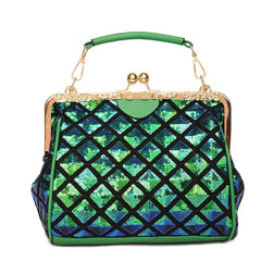 Women Diamond Lattice Sequined Shoulder Bag Top Handle Satchel