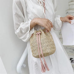 Straw Woven Bucket Bag with Tassel for Women