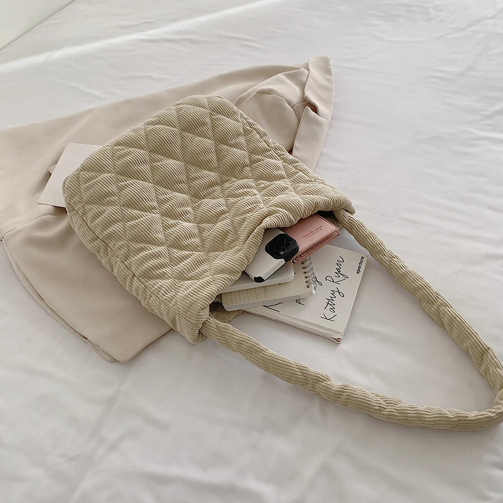 Corduroy Eco Shopping Bag Big Capacity Rhombic Lattice Office School