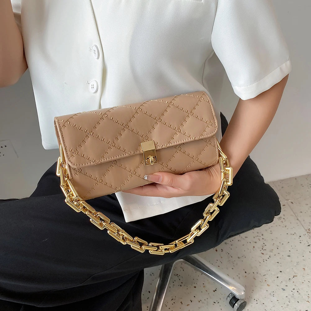Women Lattice Pattern Underarm Shoulder Bags PU Leather Chain Handbags