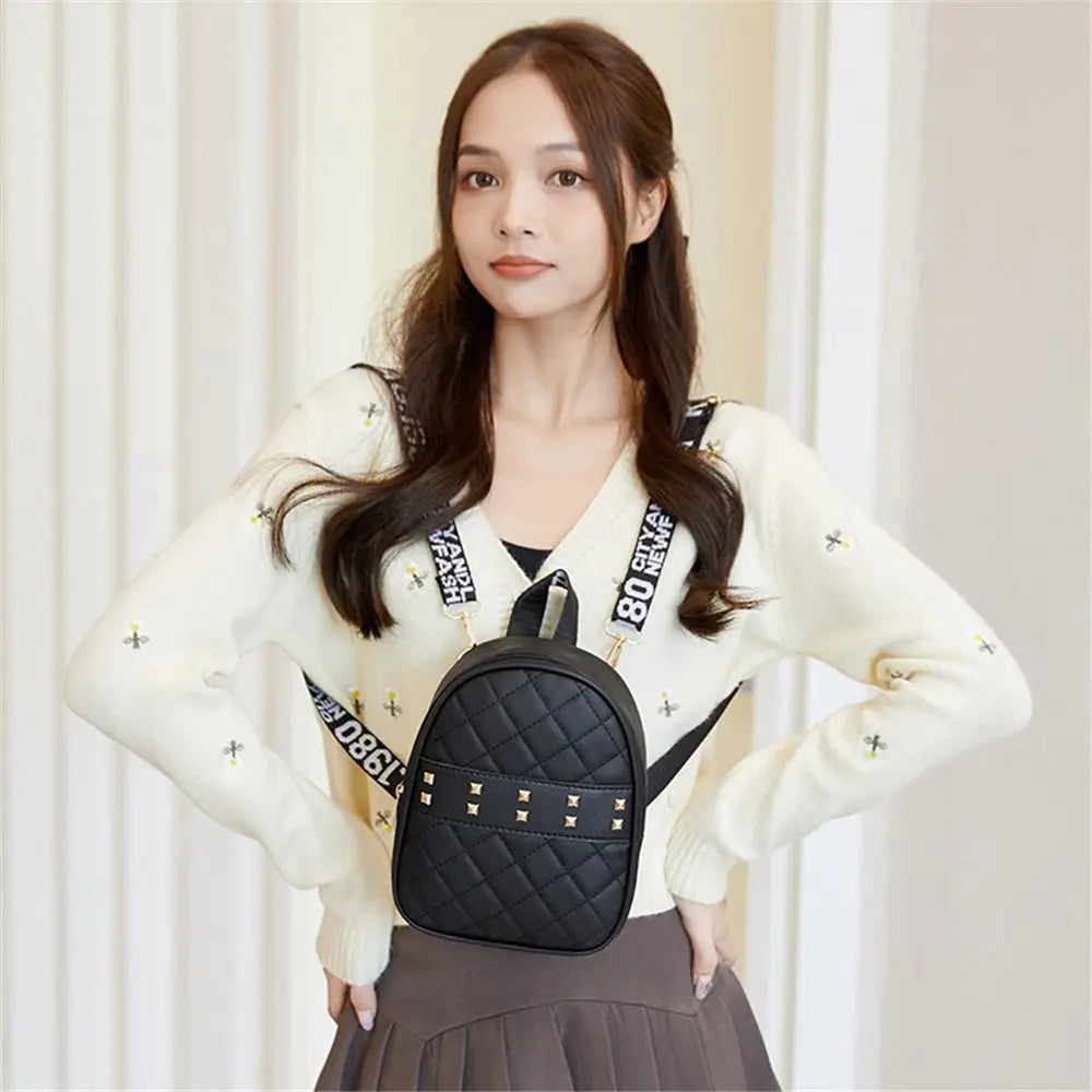 Women Embroidered Rivet Mini Backpack PU Leather Shoulder Bag