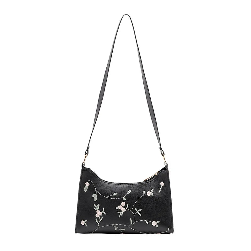 Women Embroidery Underarm Bag PU Ladies Leather Bag Retro Solid Handbags