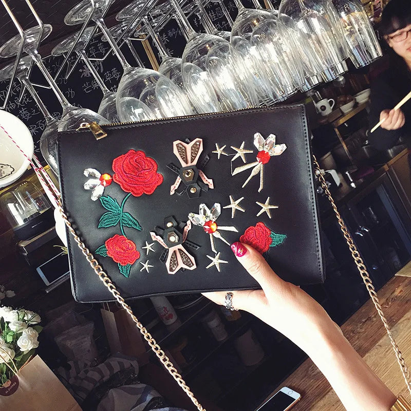 Flower Embroidered Envelope Bag Women Shoulder Crossbody Messenger Bag