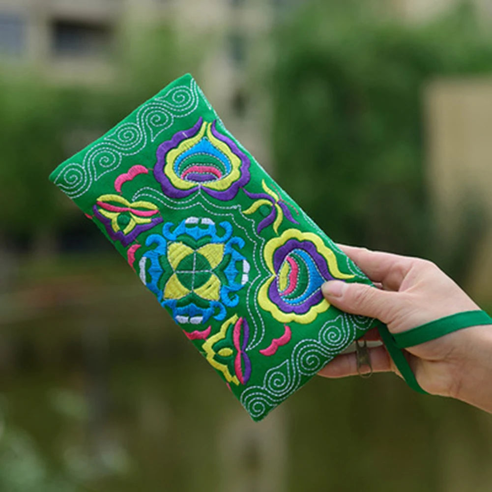 Ethnic Embroidered Wristlet Clutch Bag Zipper Purse Long Wallet