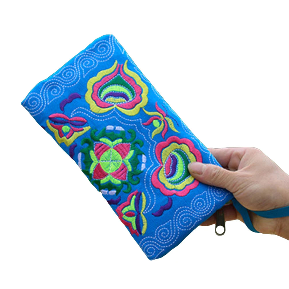 Ethnic Embroidered Wristlet Clutch Bag Zipper Purse Long Wallet