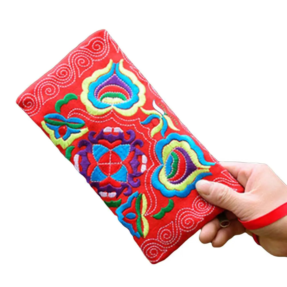 Ethnic Embroidered Wristlet Clutch Bag Zipper Purse Long Wallet