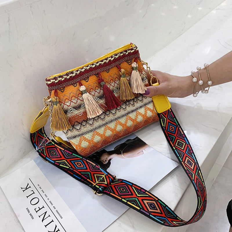 Ethnic Style Shoulder Bag Fringe Sling Crossbody