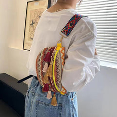 Ethnic Style Waist Bag w/ Adjustable Strap Variegated Fanny Pack w/ Fringe Decor