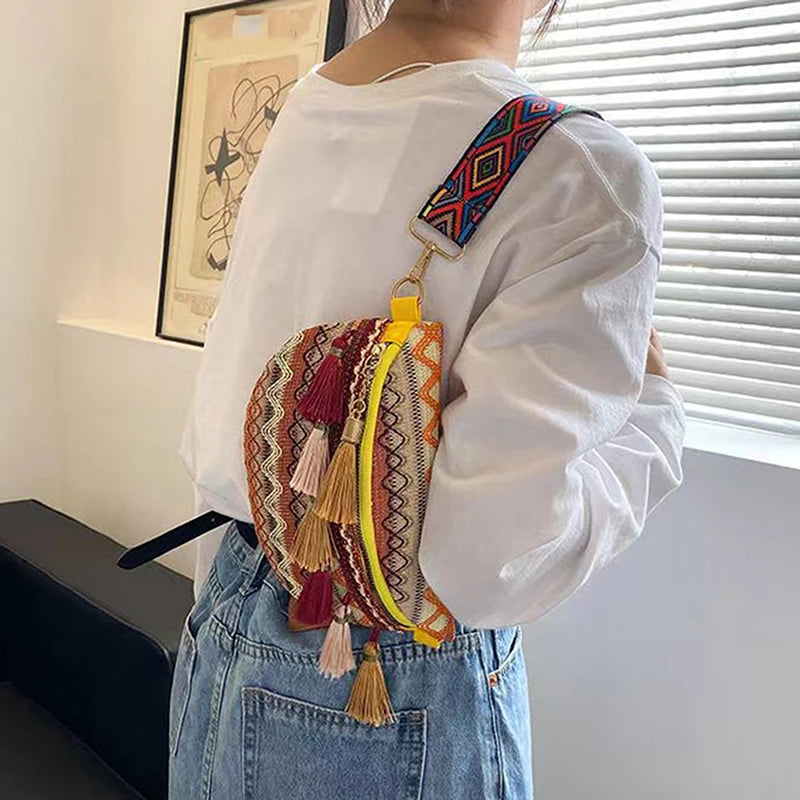 Ethnic Style Waist Bag Variegated Fanny Pack with Fringe Crossbody Chest Bag