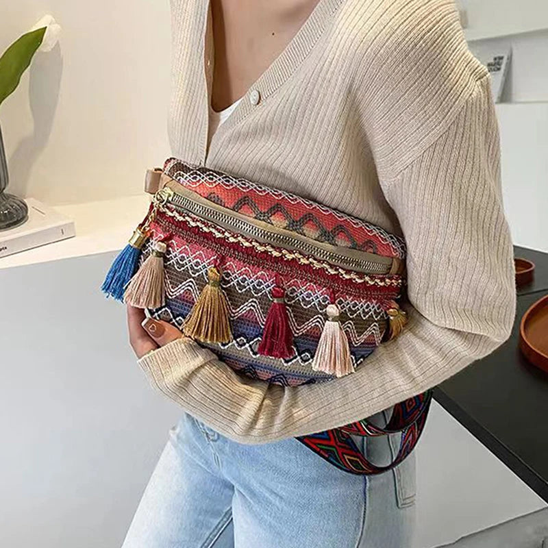 Ethnic Style Waist Bag w/ Adjustable Strap Variegated Fanny Pack w/ Fringe Decor