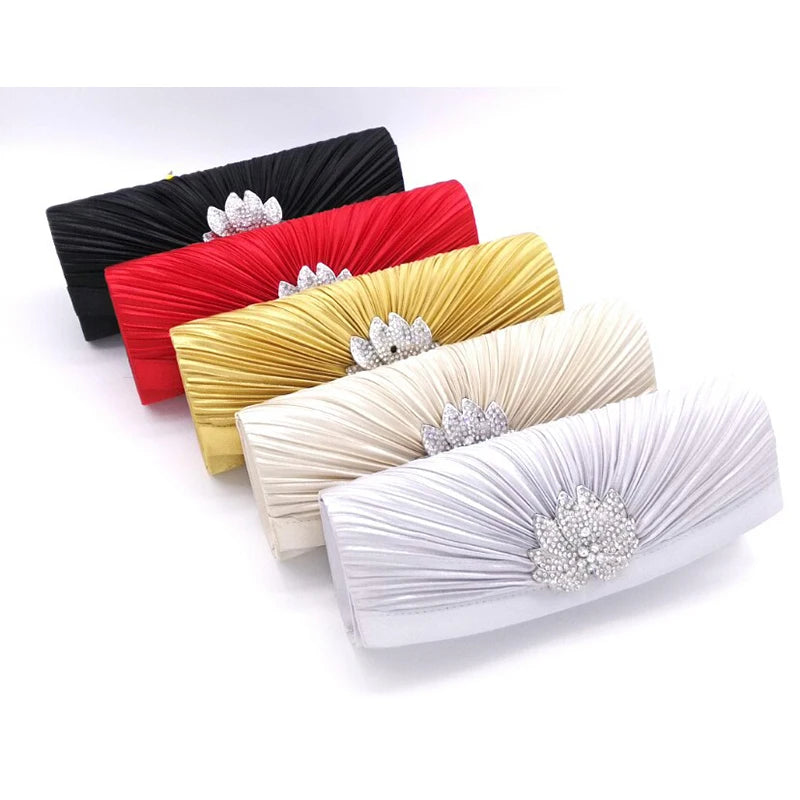 Satin Folds Wedding Clutch Rhinestone Crossbody Bag Chain