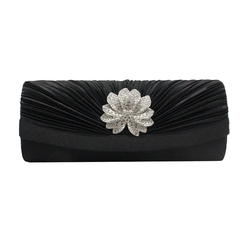 Satin Folds Wedding Clutch Rhinestone Crossbody Bag Chain