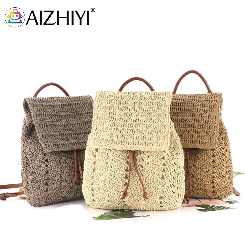 Women Straw Backpack Shoulders Bag Woven Casual Beach Holiday Vacation Bagpacks