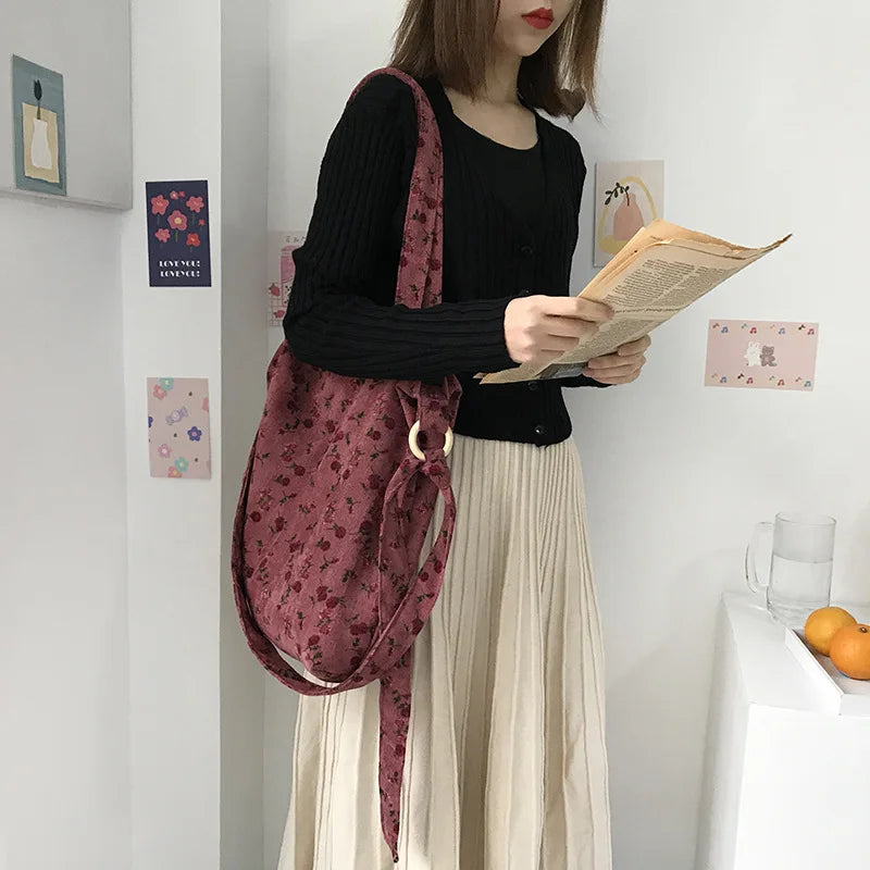 Women Canvas Shoulder Tote Bag Fluffy Floral Handbags Large Capacity