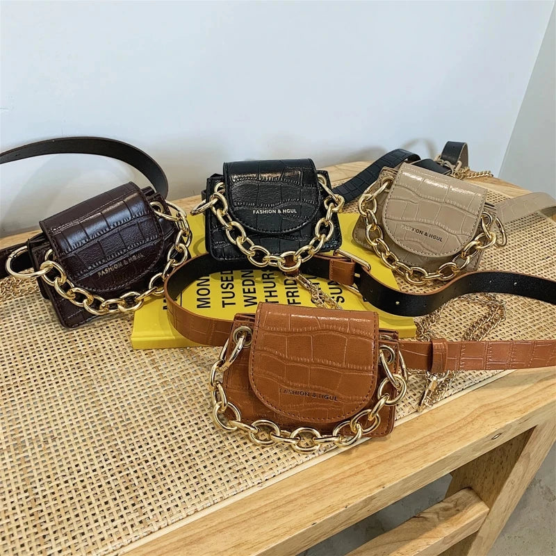Women Leather Belt Bag Chain Waist Bag Shoulder Handbag