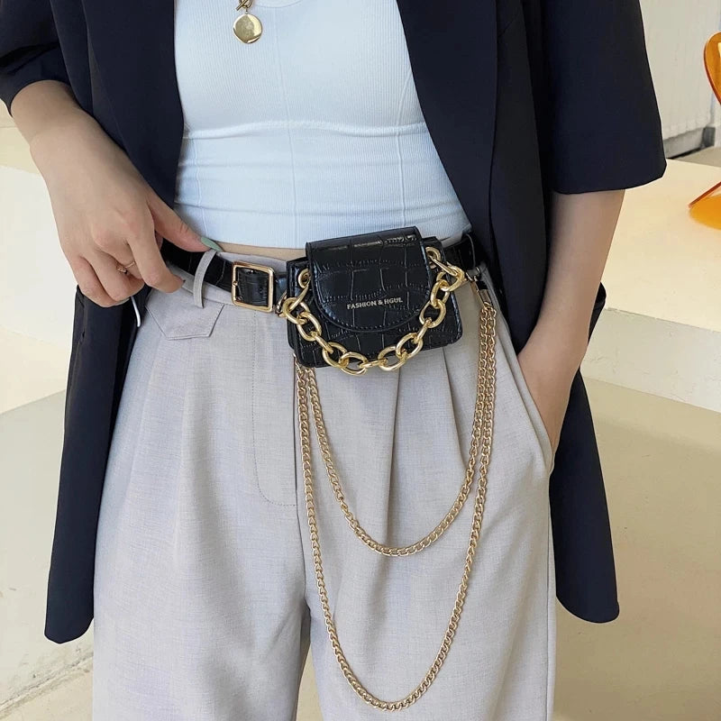 Women Leather Belt Bag Chain Waist Bag Shoulder Handbag