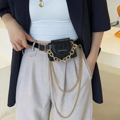 Women Leather Belt Bag Chain Waist Bag Shoulder Handbag