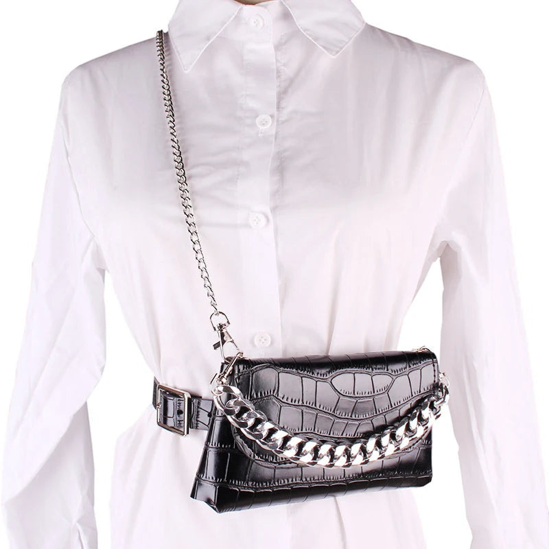 Women Leather Belt Bag Chains Waist Bag Lady Vintage Shoulder Waist Pack