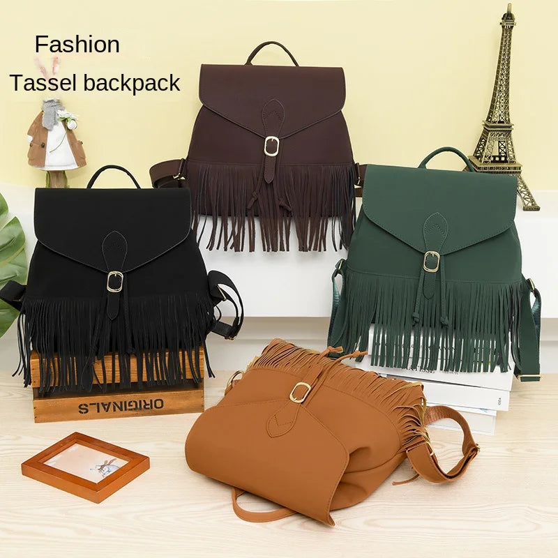 Retro Fringed Shoulder Handbag Versatile Shopping Backpack