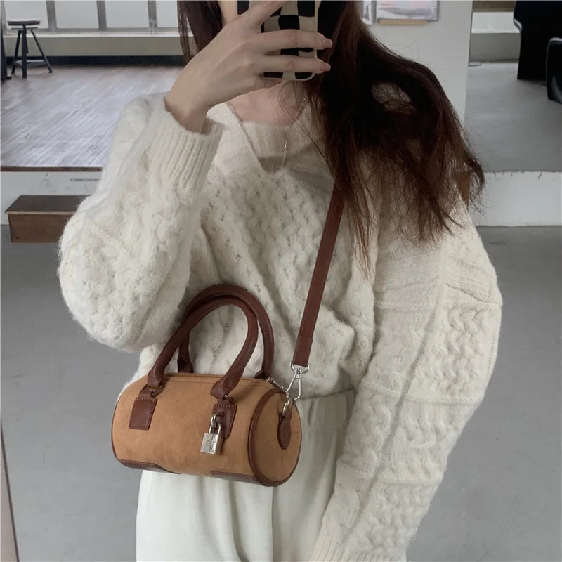 Retro Lock Splicing Matte Leather Bucket Shoulder Bag