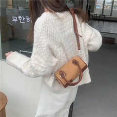 Retro Lock Splicing Matte Leather Bucket Shoulder Bag
