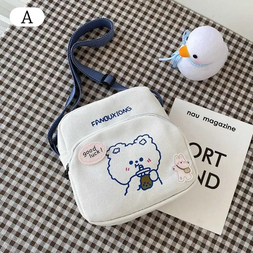 Women Cartoon Print Canvas Shoulder Bags Small Bear Rabbit Cloth Handbags
