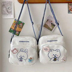 Women Cartoon Print Canvas Shoulder Bags Small Bear Rabbit Cloth Handbags