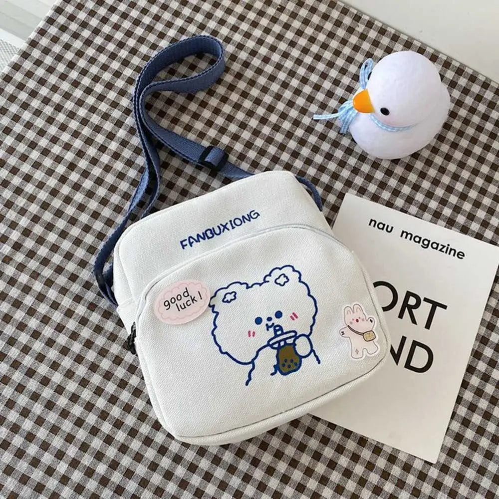Women Cartoon Print Canvas Shoulder Bags Small Bear Rabbit Cloth Handbags