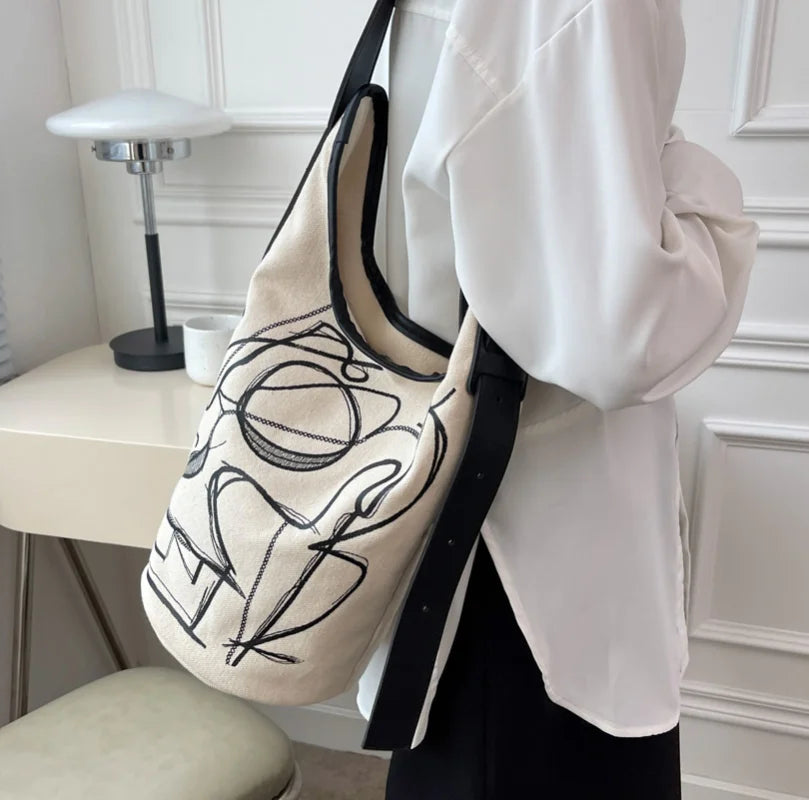 Women Casual Stripe Print Bucket Bag Large Canvas Shoulder Bags