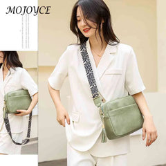 Women Cell Phone Purse Solid Shoulder Handbags Wide Strap Tassels Zip