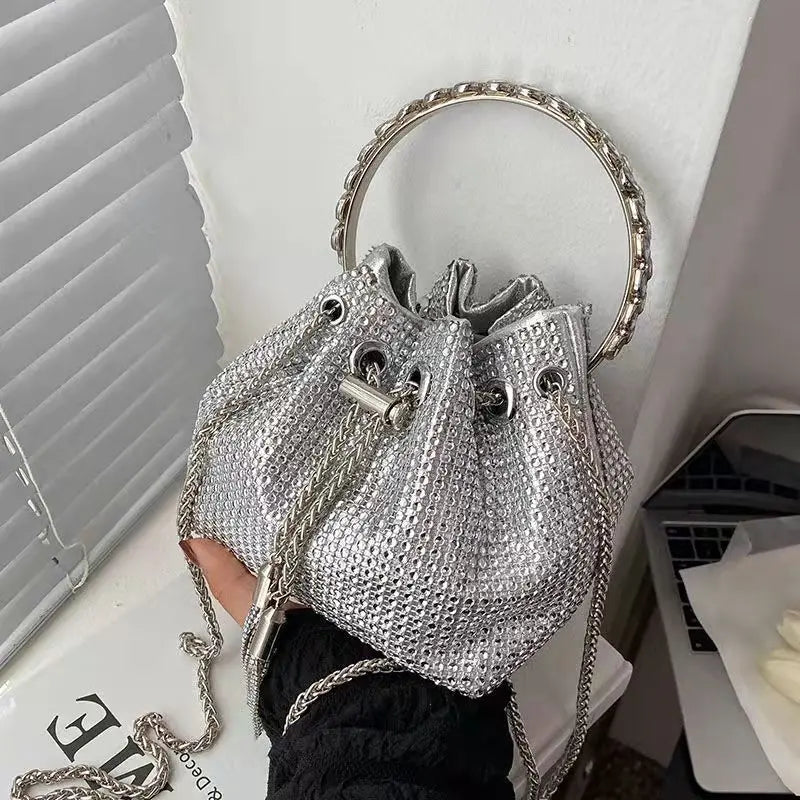 Women Drawstring Stone Bags Mini Bucket Chain Shoulder Bag