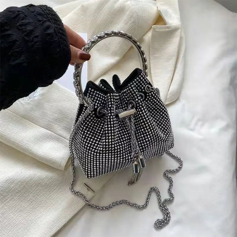 Women Drawstring Stone Bags Mini Bucket Chain Shoulder Bag