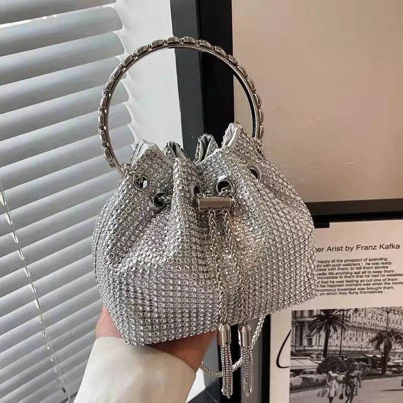 Women Drawstring Stone Bags Mini Bucket Chain Shoulder Bag