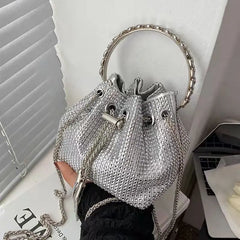 Women Drawstring Stone Bags Mini Bucket Chain Shoulder Bag