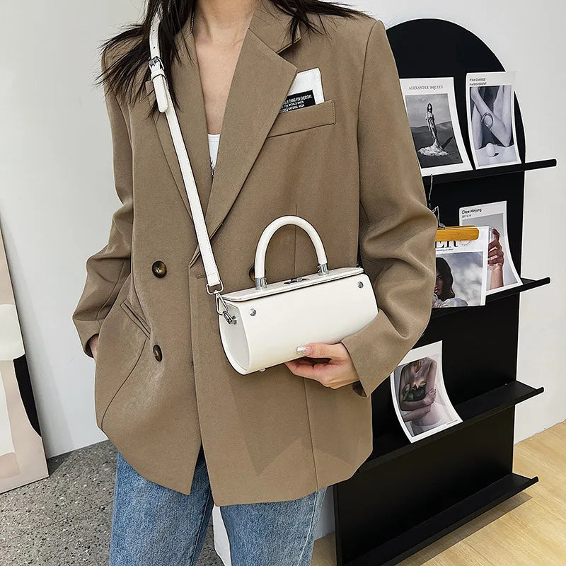 Women Drum Shaped Shoulder Tote Bag Lady PU Leather Handbag
