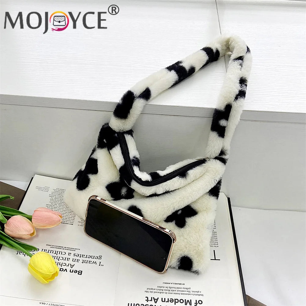 Flower Heart Shoulder Bag Soft Plush Winter Handbag