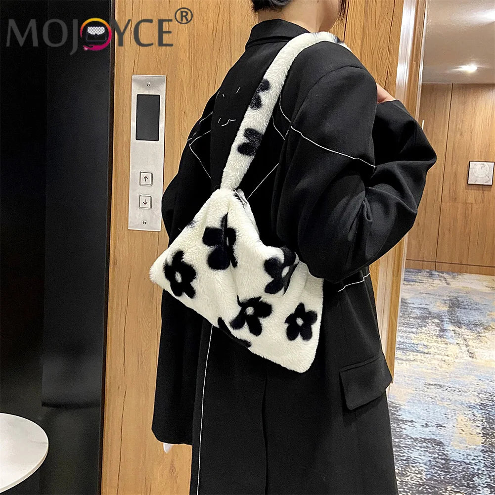 Flower Heart Shoulder Bag Soft Plush Winter Handbag