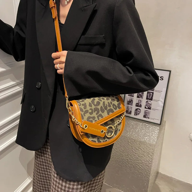 Vintage Leopard Print Chain Saddle Bag for Women