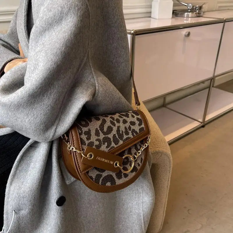 Vintage Leopard Print Chain Saddle Bag for Women