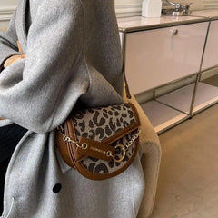 Vintage Leopard Print Chain Saddle Bag for Women