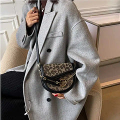 Vintage Leopard Print Chain Saddle Bag for Women