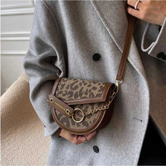 Vintage Leopard Print Chain Saddle Bag for Women