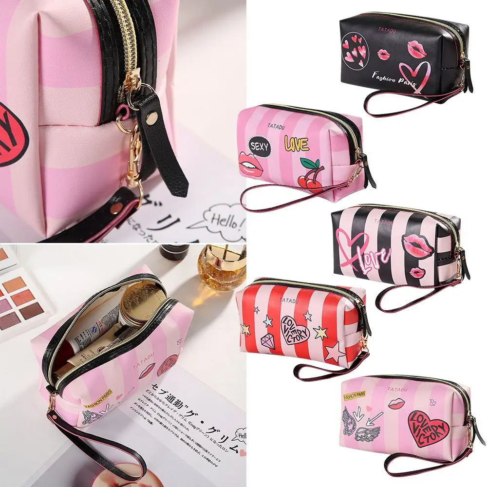 Women Handbag Love Heart Makeup Pouch Leather Cosmetic Bag