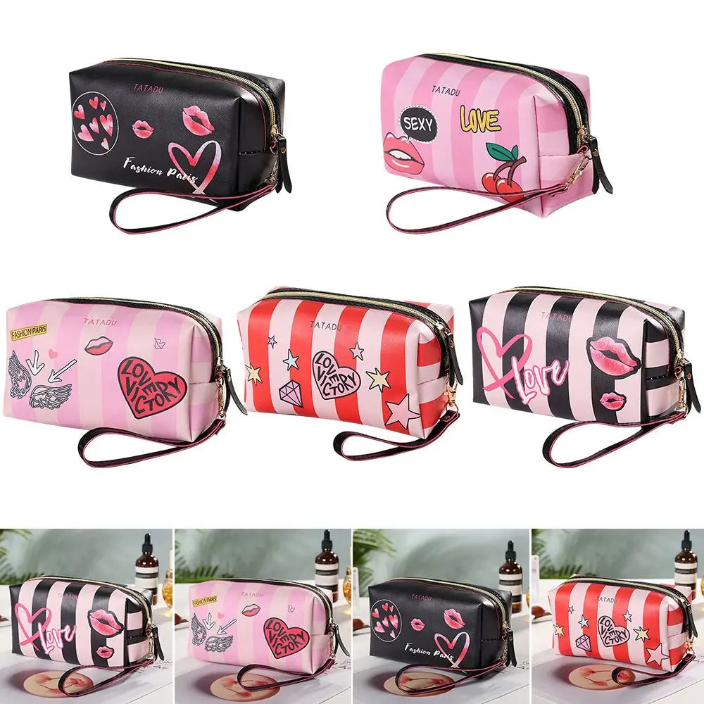 Women Handbag Love Heart Makeup Pouch Leather Cosmetic Bag